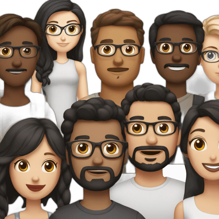 group picture with guy that uses glasses, no beard, and black hair. guy 2 has a goatee, white skin color, and brown hair. girl has lipstick, black hair, small nose. all of them together emoji