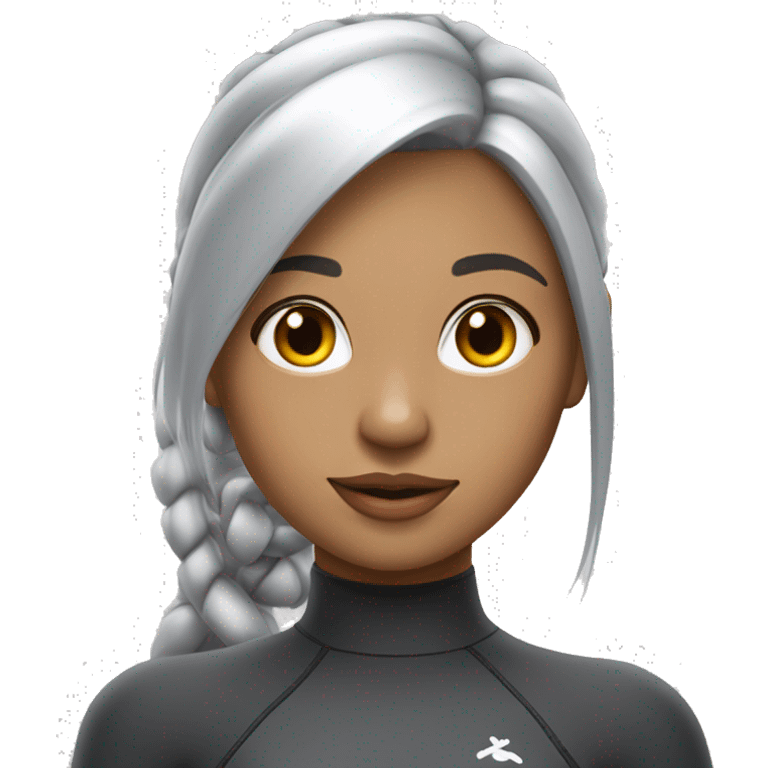 A hot and beautiful cartoon girl with silver hair with straight bangs tied up with a pretty ponytail wearing a silver long sleeved sleeves wetsuit emoji