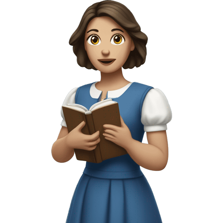 White woman with long dark straight brown hair and eyes holding a book. She is wearing a blue A-line dress with white daisies emoji