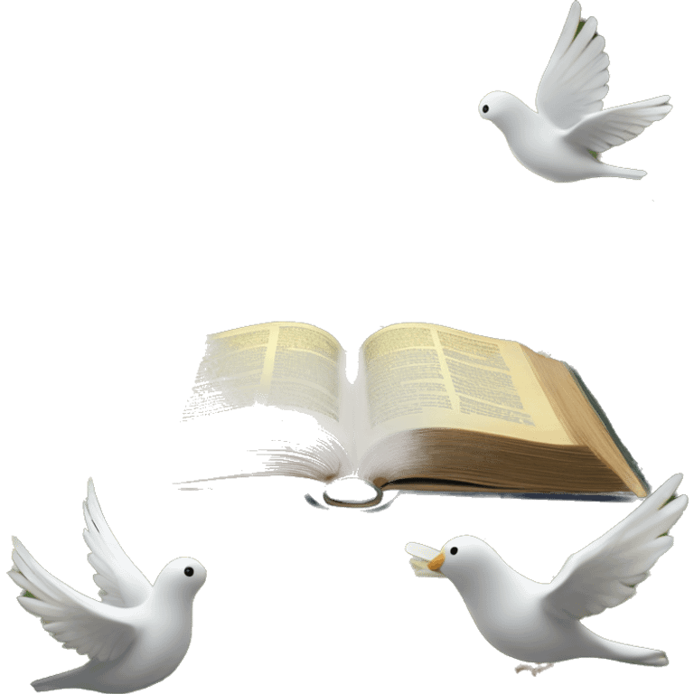 Holy Bible with a magical garden with fairies, doves, whimsical garden coming out from it  emoji