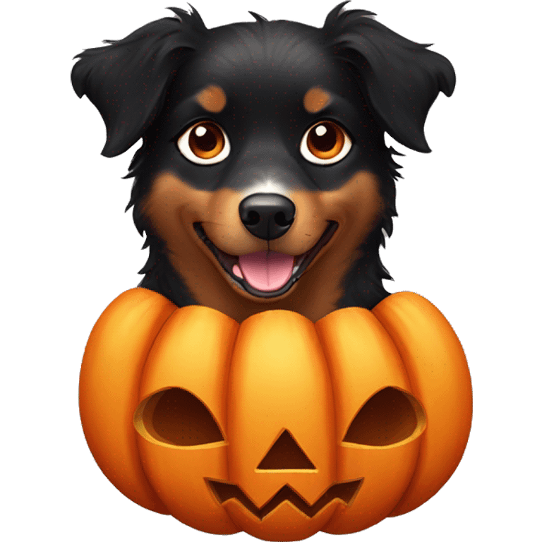 Small black australian shepherd dog in a pumpkin emoji