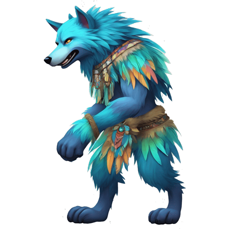 Fluffy Colorful Shy Spiritual Shamanic WereWolf With Shiny Tribal Markings wearing feathers Full Body emoji