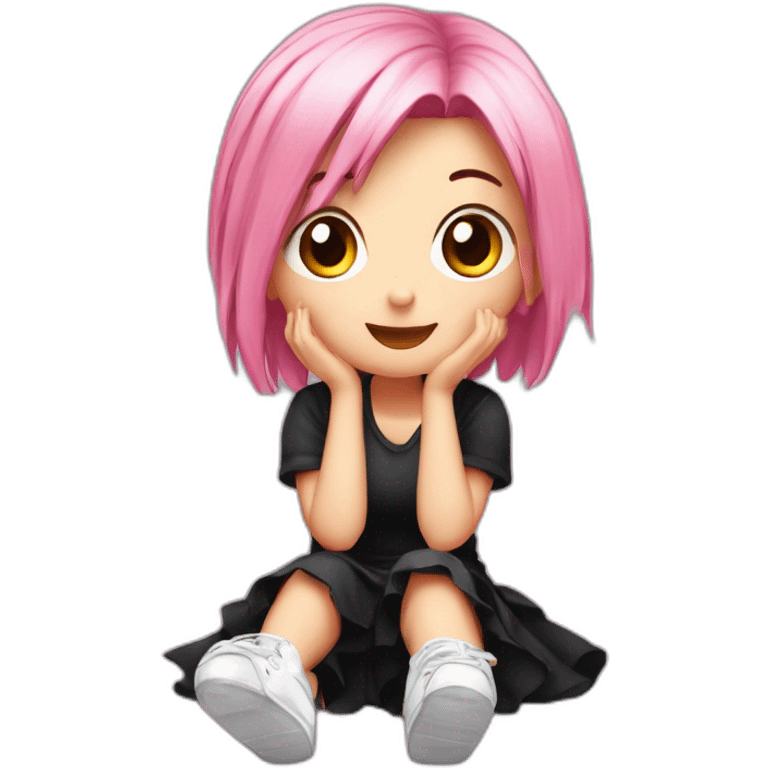 Full body Front view curvy emo girl pink hair sits on the floor straight view hands up black skirt белые трусики emoji