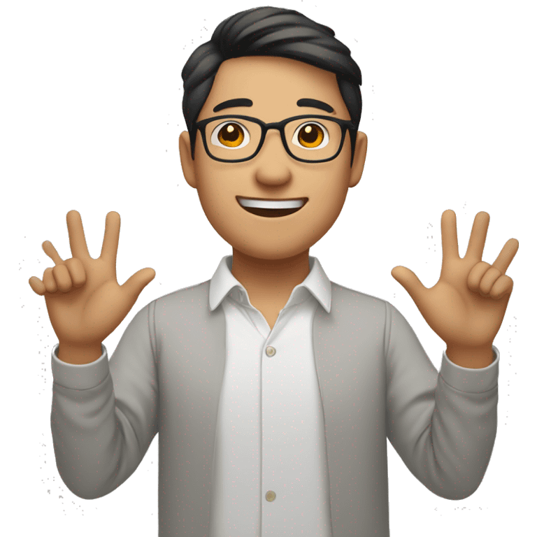 smiling young asian man who wearing glasses putting hands up emoji