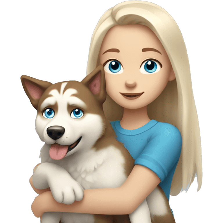 a girl with blue eyes and light-blond hair hugs a husky dog ​​with brown eyes emoji