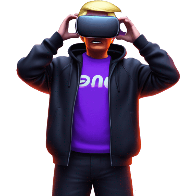 Donald Trump wearing a black hoodie with "OMG" letters on it and VR headset oculus quest 2 in a cyberpunk VR environment with violet neon lighting. emoji