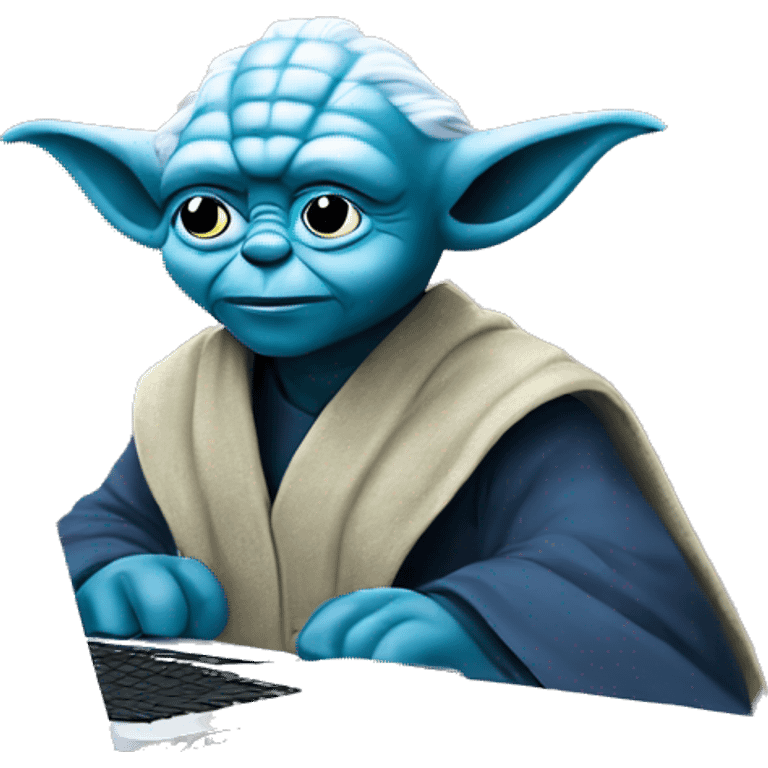 Blue yoda sitting very happy at laptop emoji