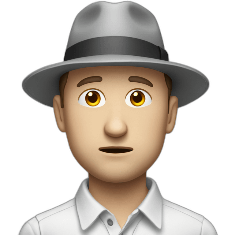 tim robinson wearing a grey fedora white shirt only looking scared and sad side view emoji