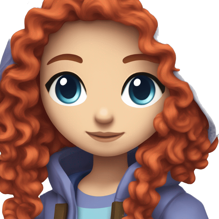 a white girl with long red curly hair, wearing periwinkle Minecraft hoodie playing a videogame emoji