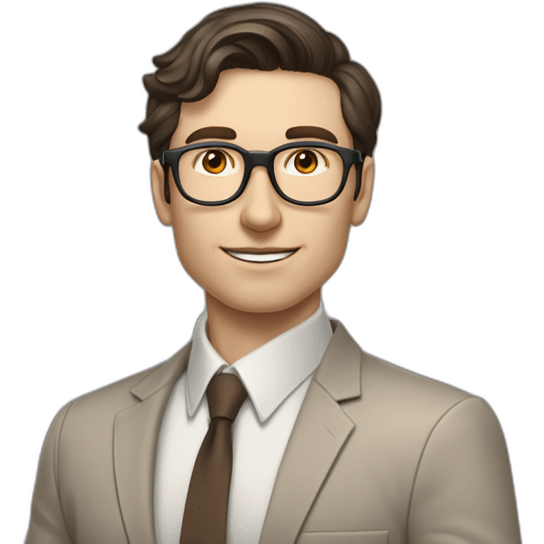 Pale skinned fit man with dark brown hair in gray jacket, beige office shirt, brown tie, brown pants and vintage glasses Writing on the flipchart emoji