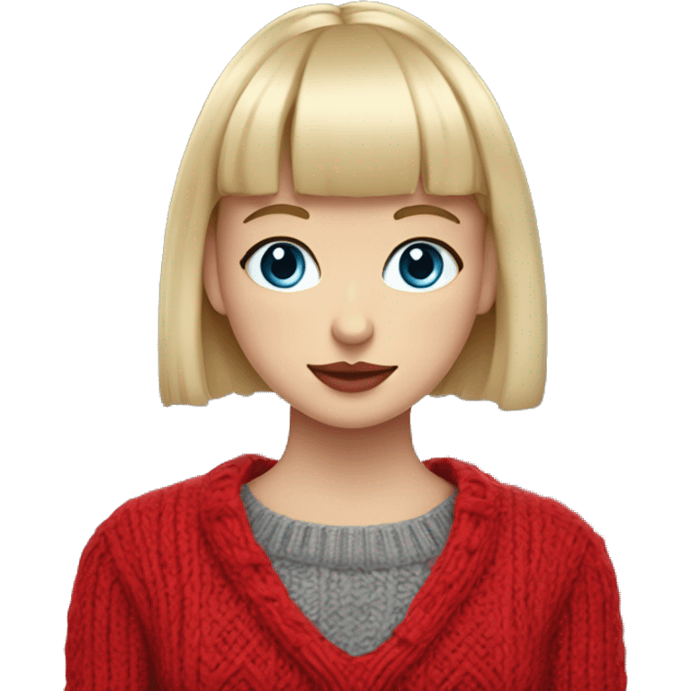 girl with short blonde hair and bangs (a fringe) with blue eyes, long eyelashes and red lipstick in a red cable knit sweater holding a grey cat emoji