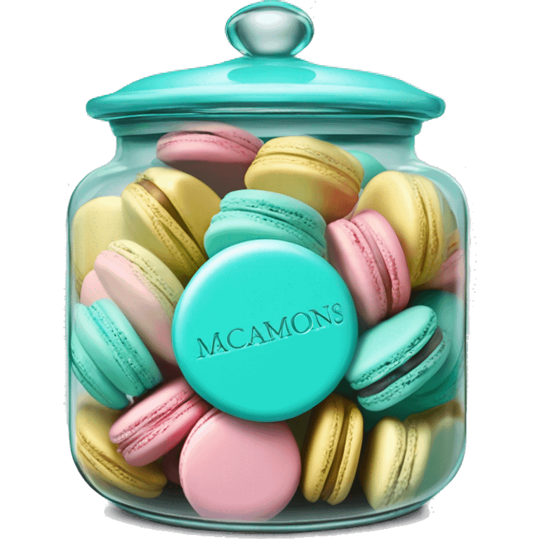 Realistic isolated glass cookie jar with tiffany blue lid and filled with colorful macarons inside of it. emoji