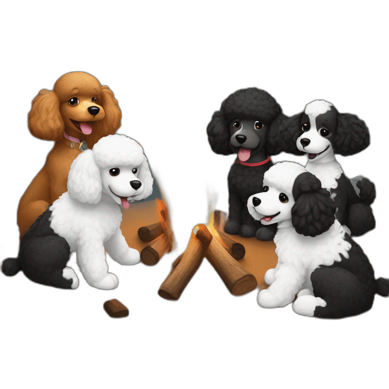 Black and white poodles gathered around campfires emoji