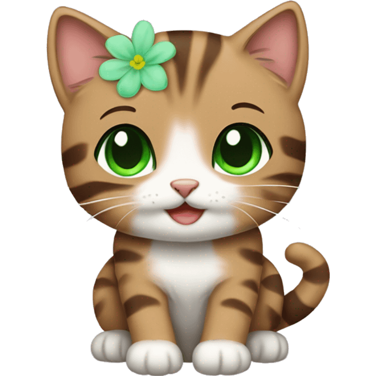 kawaii brown tabby kitten with green eyes and pastel green flower emoji