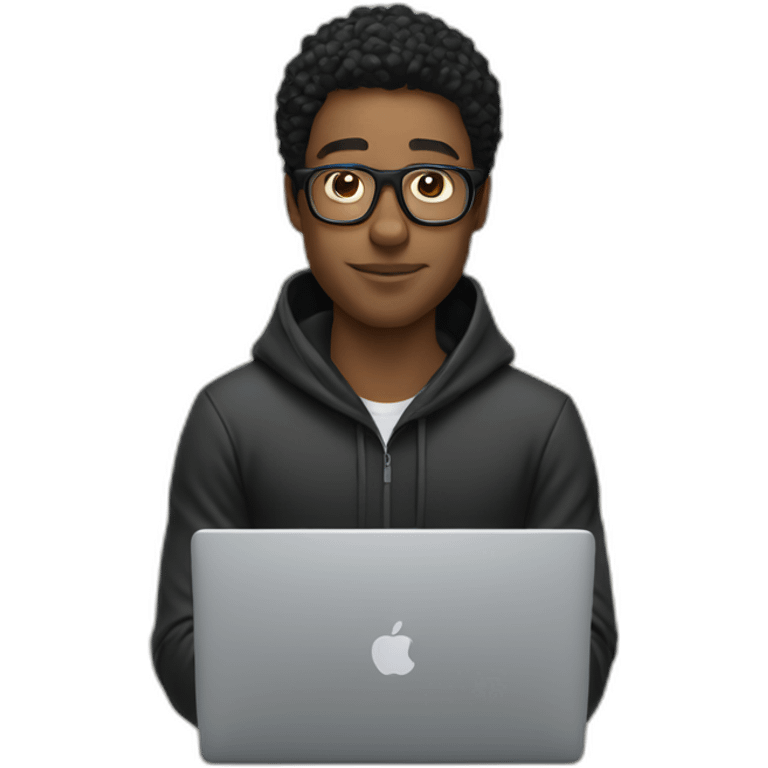 White Man with black carly hair wearing glasses and hoodie sit Infront of laptop emoji