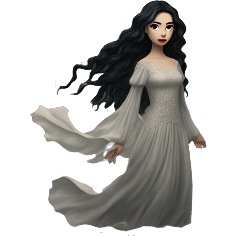 Dramatic girl  very pale with dark lighting  with black hair  in river with very very long lace dress  black long hair flying in the wind emoji