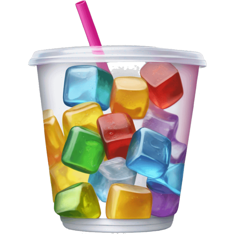 Realistic plastic cup and lid with colored soda and large ice cubes inside and colorful straw poked through the top of the lid. emoji