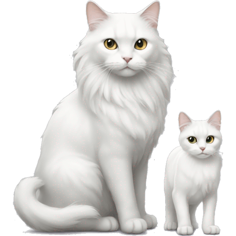 A white cat standing with a long hair grey cat emoji