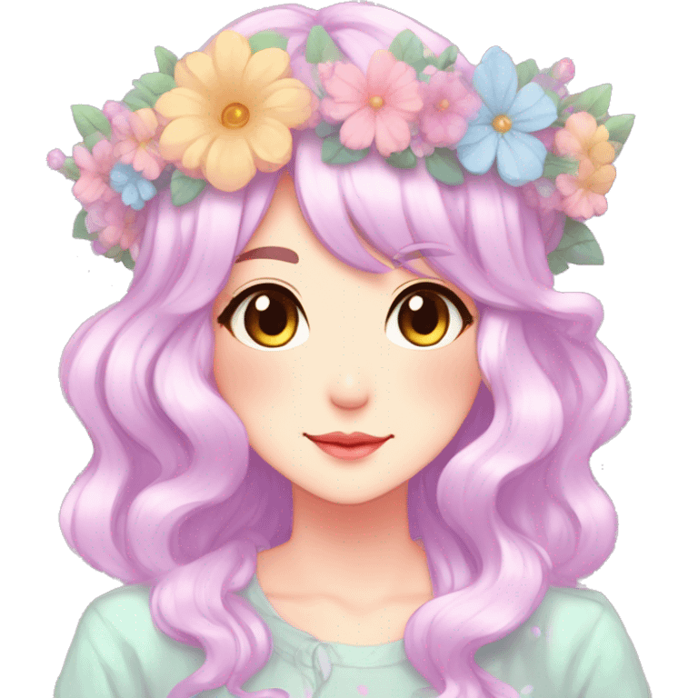 Gorgeous Shiny Colorful Pastel Anime Mature Lady with blushing face and pretty hair with a flower crown pastelcore kawaii cottagecore fairycore aesthetic trending style emoji