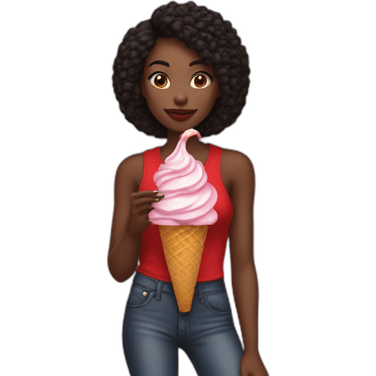 a skinny model in a red top and in a black jeans eats rainbow ice cream emoji