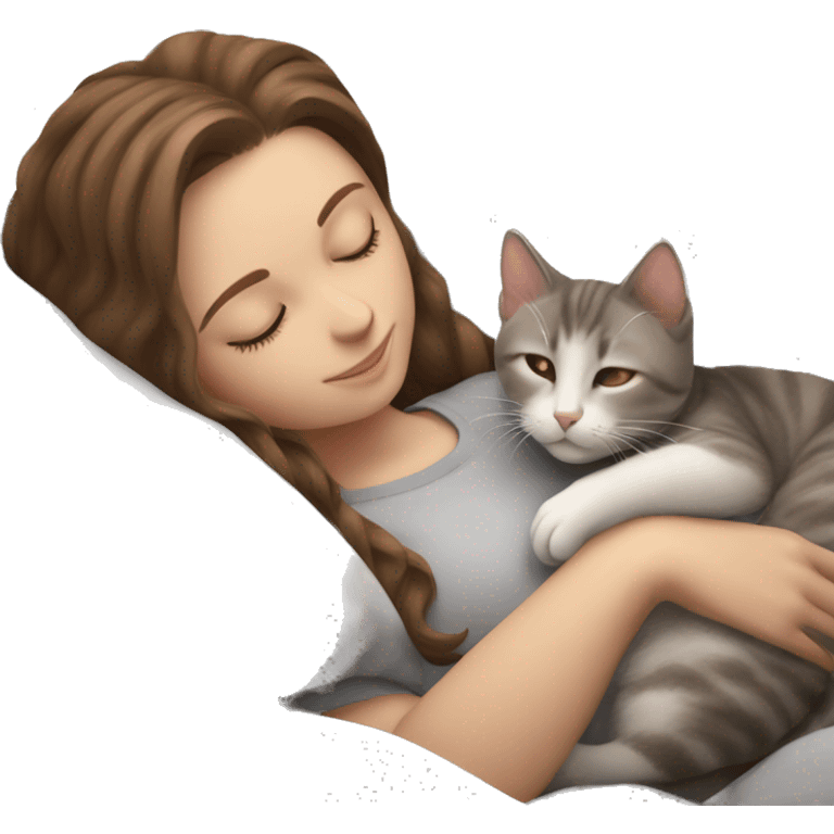 White girl brown hair sleeping with light grey kitten emoji