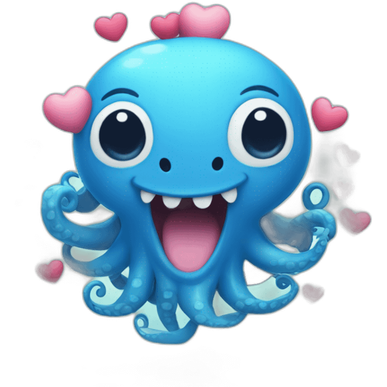 cute blue kraken with adorable face with many hearts around emoji