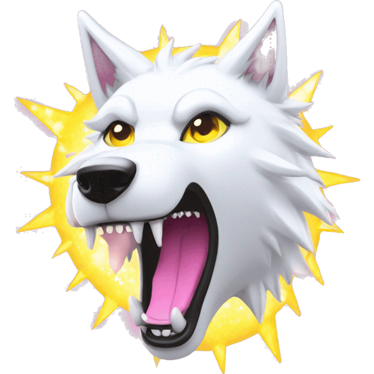 Lightning running sparkling glitter white wolf snarling huge eyes sun halo black white pink red yellow emoji