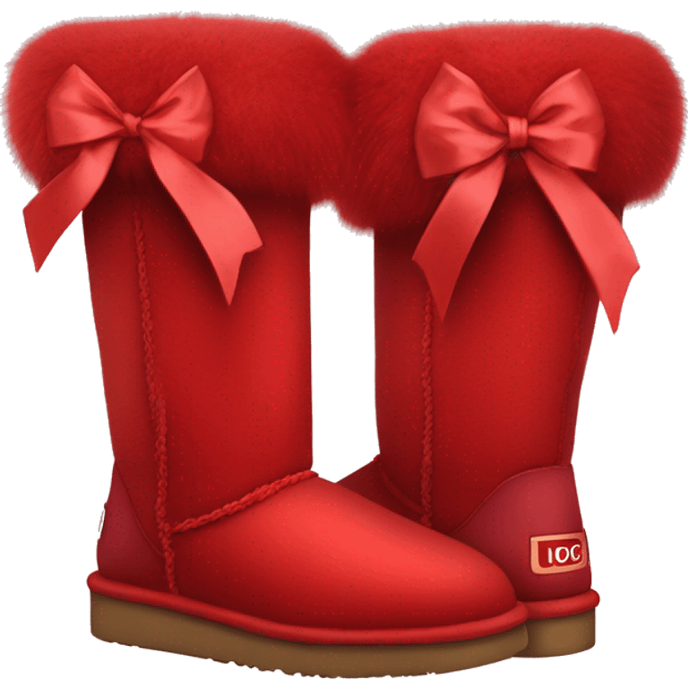 Pair of red Ugg fur boots with red silk ribbon bows. emoji