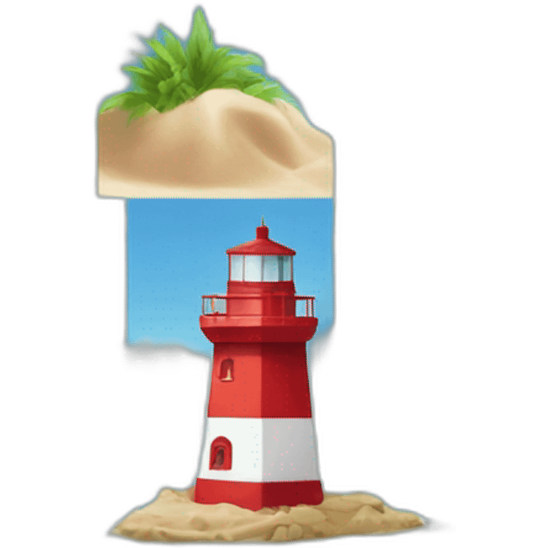 landscape, red and white lighthouse in the sea, six rectangular stones around, some sand and a coconut tree emoji