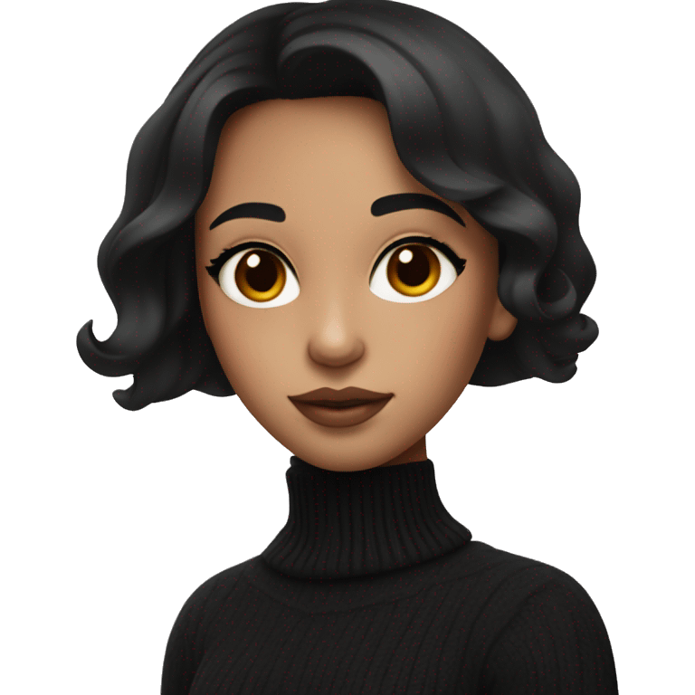 a girl with black hair and brown eyes is dressed in a black sweater with a cutout and nude makeup emoji