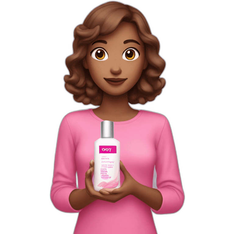 brown-haired girl holding pink payot cosmetics in her hand emoji