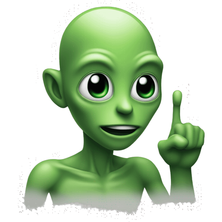 An emoji-style alien face with a friendly expression, green skin, large black eyes, and a simple smile, holding one finger up to its mouth as if saying 'shiuu' or 'shh,' conveying a quiet or secretive gesture emoji