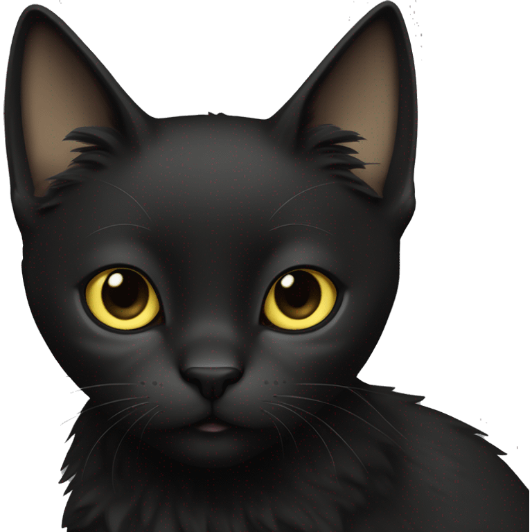 One petite, solid black furred cat. Light yellow eyes. Pointed ears like a lynx cat. Fully body black and no other color markings. Facing forward and standing with ears slightly tilted. emoji