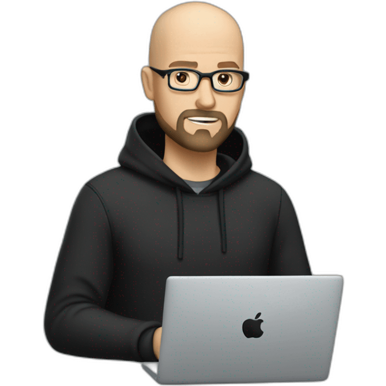 bald white man with glasses and a black beard typing on apple computer wearing a black hoodie emoji