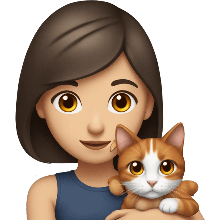 Brunette girl with brown eyes, holding a tricolor  black white and orange cat emoji