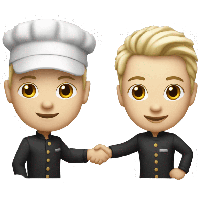 restaurant owner with white skin, and blogger with white skin, shaking hands in great detail emoji