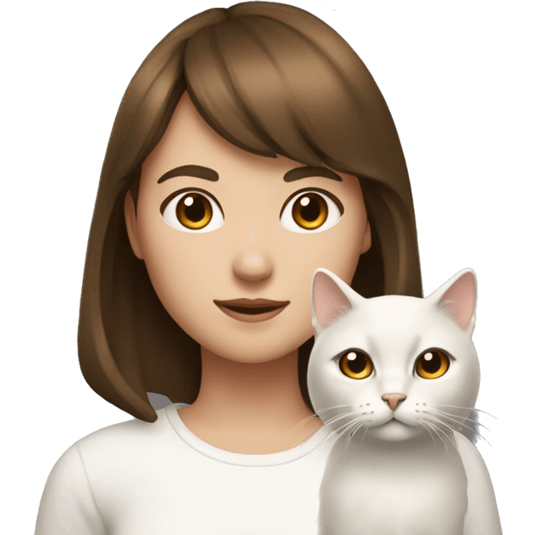 A brown haired girl with bangs with a white cat  emoji