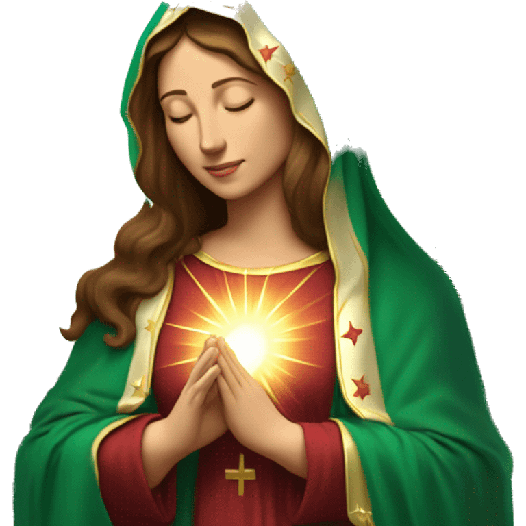 Virgin Mary: kind face looking down at the left, long brown hair, Wearing an emerald green  robe with gold stars and a burgundy red dress,  Hands in prayer or blessing. Halo around her head. standing in front of a big sun. colorful roses on the sides  emoji