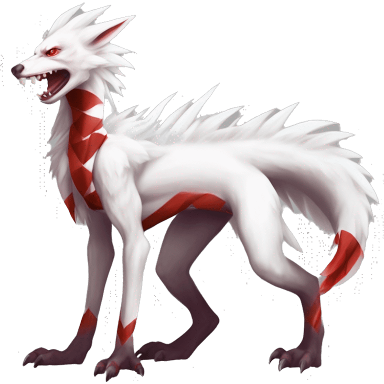 White edgy cute badass epic anthro modern albino sergal-vernid-Fakémon with red mane and red eyes with red edgy stripes, full body emoji