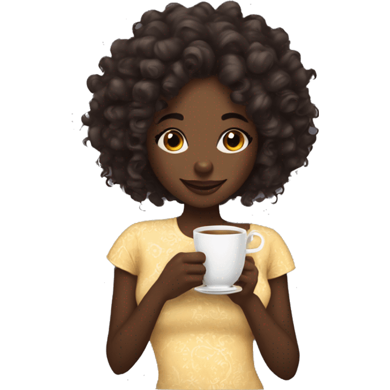 Coquette dark skinned girl with curly hair drinking tea emoji