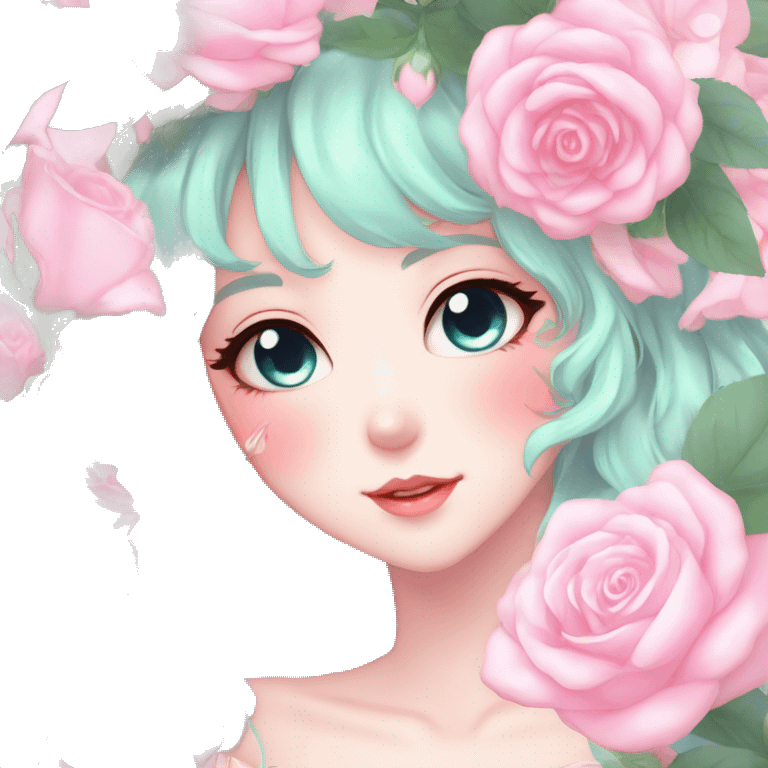 Gorgeous pastel anime style lady with blushing face and roses cottagecore fairycore pastelcore shiny colorful pearly petite aesthetic trending style emoji