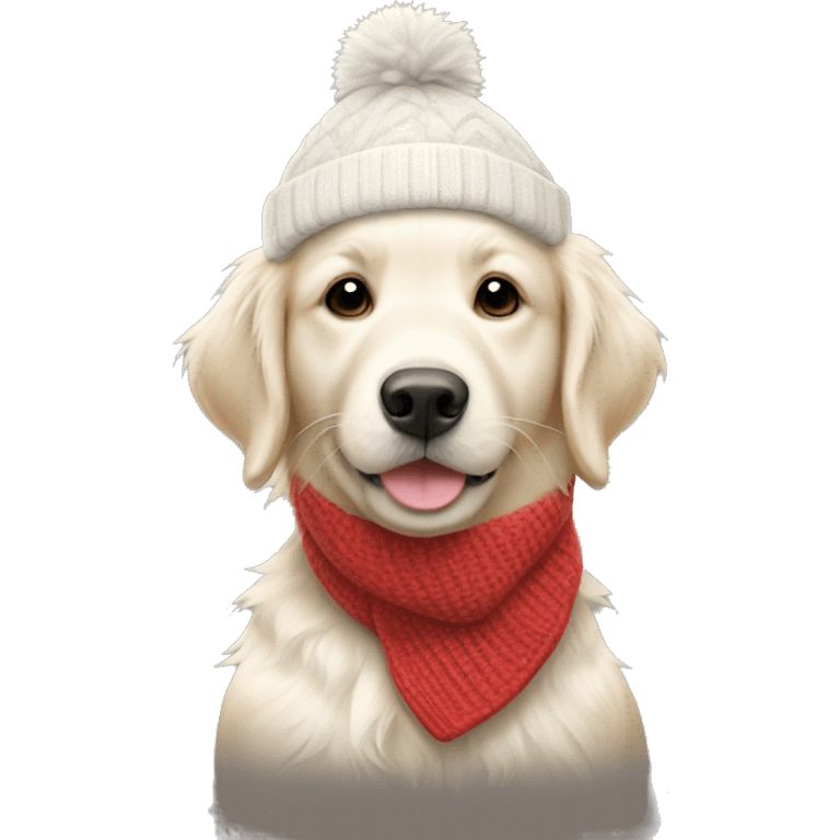 White golden retriever wearing a ski hat and scarf  emoji