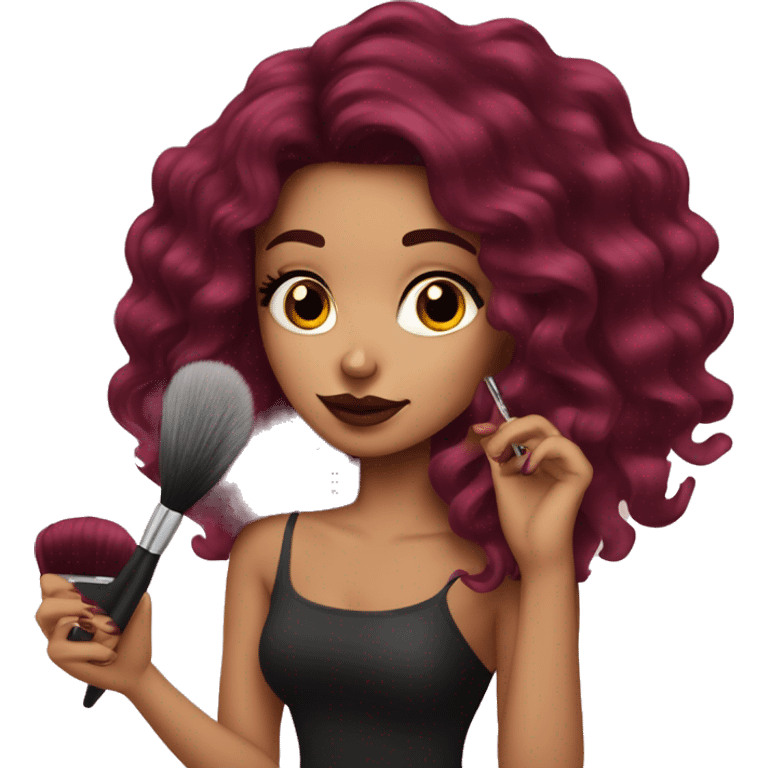 Beautiful tattooed burgundy long haired woman doing her makeup emoji