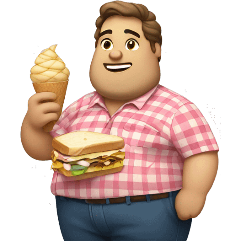 Overweight man in a checkered shirt eating a sandwich with one hand and an ice cream with the other."  emoji