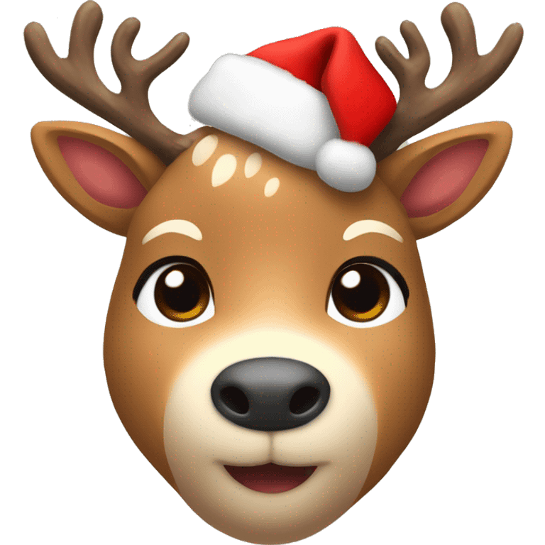 Create a cute deer emoji with soft brown fur, big kind eyes and horns. A red Christmas hat or a wreath of fir branches can be on the head to create a festive image emoji