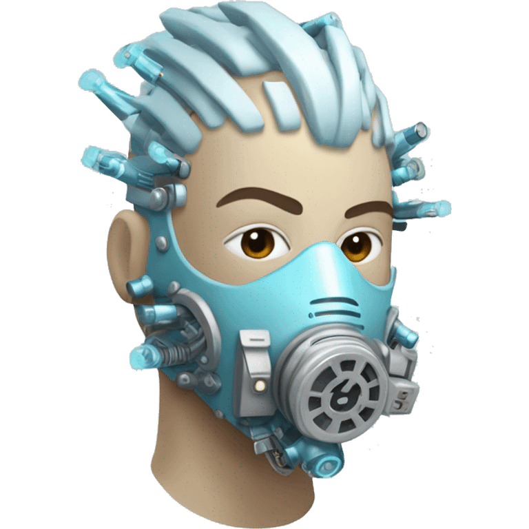 Pastel blue Mohawk cyborg head with silver respirator mask, goatee and circuits emoji