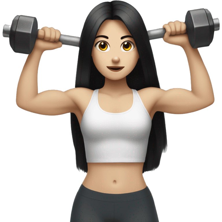 Pale girl with long black hair lifting weights emoji