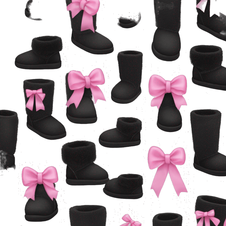 Realistic black Ugg fur boots with pink ribbon bows and stitching isolated.  emoji