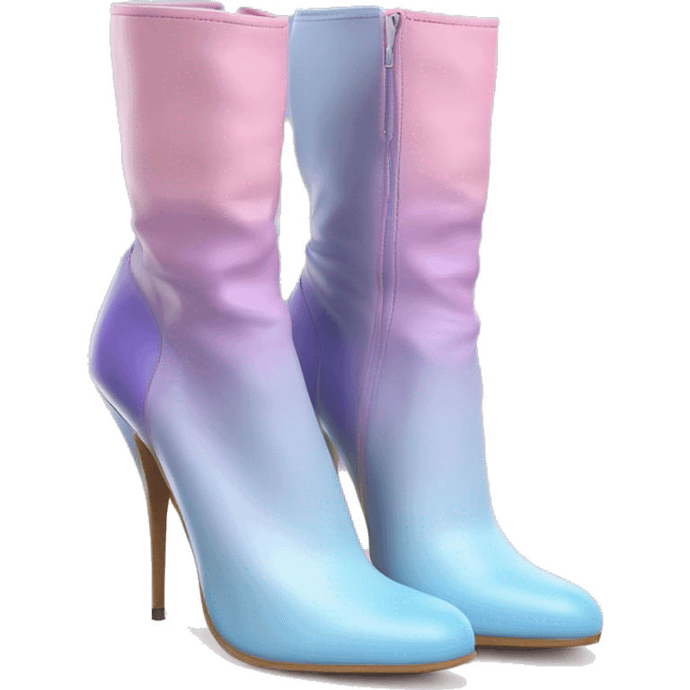 Realistic isolated front top view of a pair of pastel blue ,pastel pink, and pastel purple ombre high heel leather ankle bootie boots.  emoji