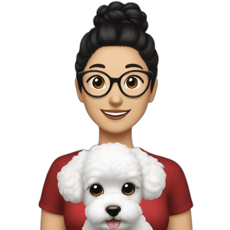 woman-black-hair-bun-with glasses-with bichon dog-white-smile-Christmas emoji